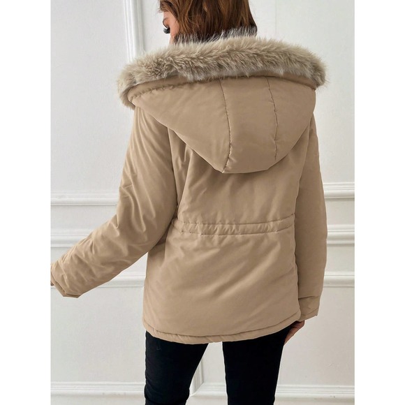Faux fur Trim Drawstring Waist Hooded Parka puffer Coat tan - Picture 2 of 8